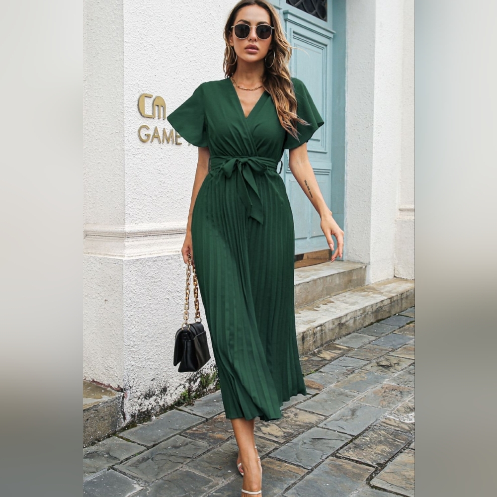 Green Pleated Midi Dress